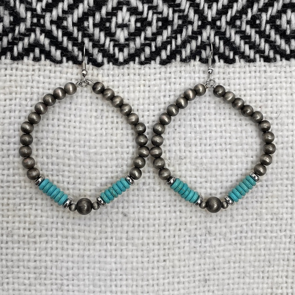 Navajo Style Pearl Hoop Drop Earrings with Turquoise Disks